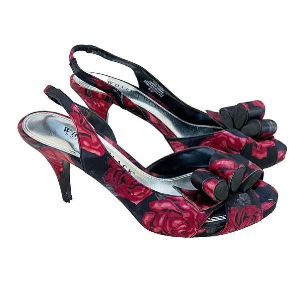 White House Black Market Shoes - White House Black Market Womens Black Red Slingback Heels 6.5M Floral Peep Toe